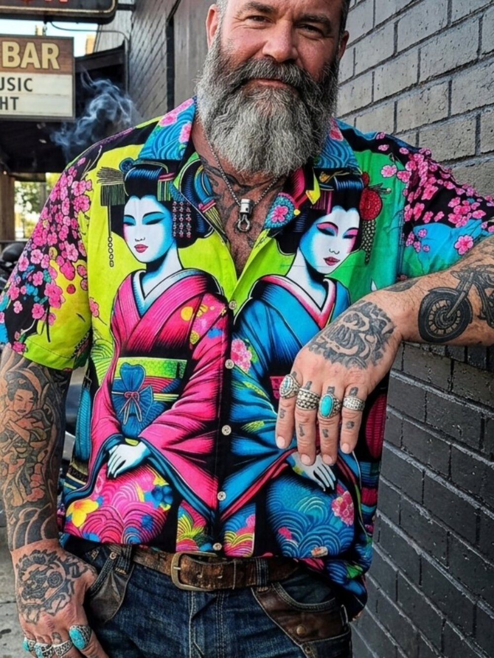 Neon Geisha Girls Cotton Mens Bowling Shirt Size 3X 3XL Hawaiian Short Sleeve